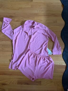 Women's Pink Button-Up Romper Set - Relaxed Short Jumpsuit